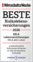 Siegel Wirtschaftswoche: Beste Risikolebensversicherungen - 2026 - DELA Lebensversicherungen - DELA aktiv Leben - Morgen Morgen